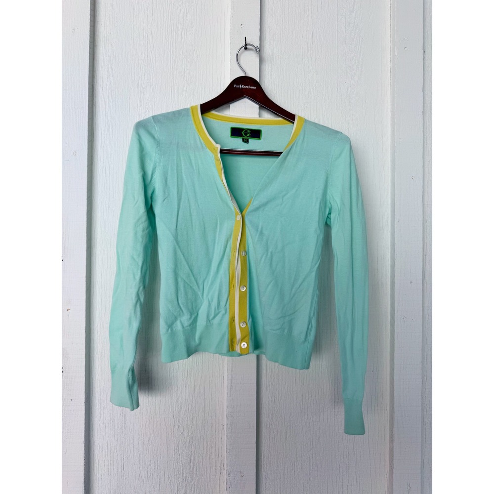 C. Wonder Mint Green Yellow Trim Cardigan Sweater Womens Sz Medium Button Front